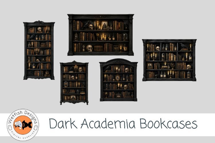Dark Academia Bookcases | Gothic Library PNG Clipart example image 1