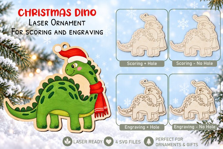 Christmas Dino Ornament Laser Scoring Engraving Glowforge example image 1