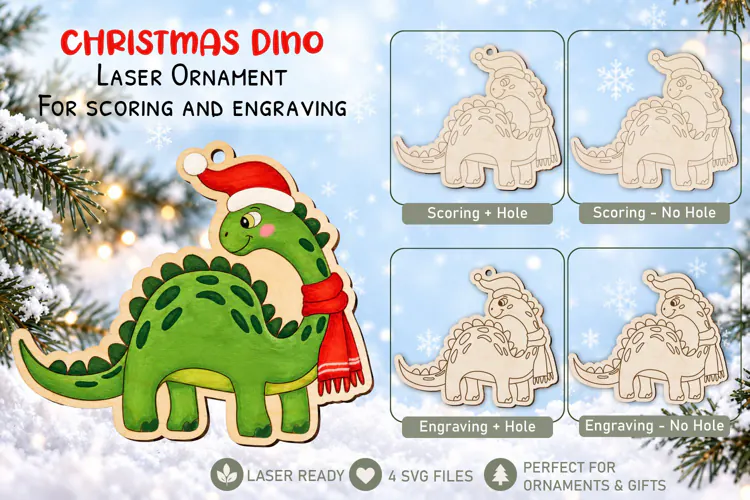 Christmas Dino Ornament Laser Scoring Engraving Glowforge