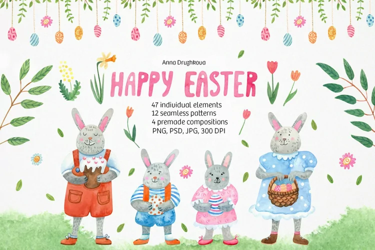 Happy Easter watercolor clipart and seamless patterns