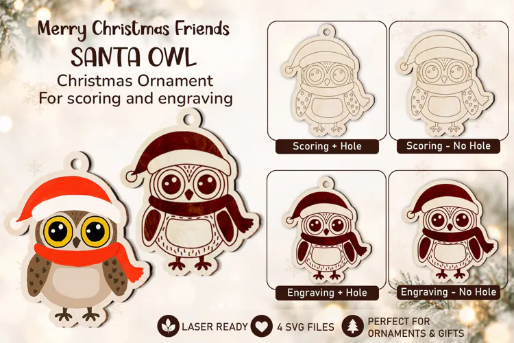 Santa Owl Christmas Ornament Laser Engraving and Coloring