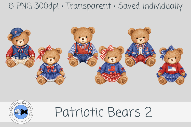 Patriotic Bears Clipart Set 2, 6 PNG Teddy Bears