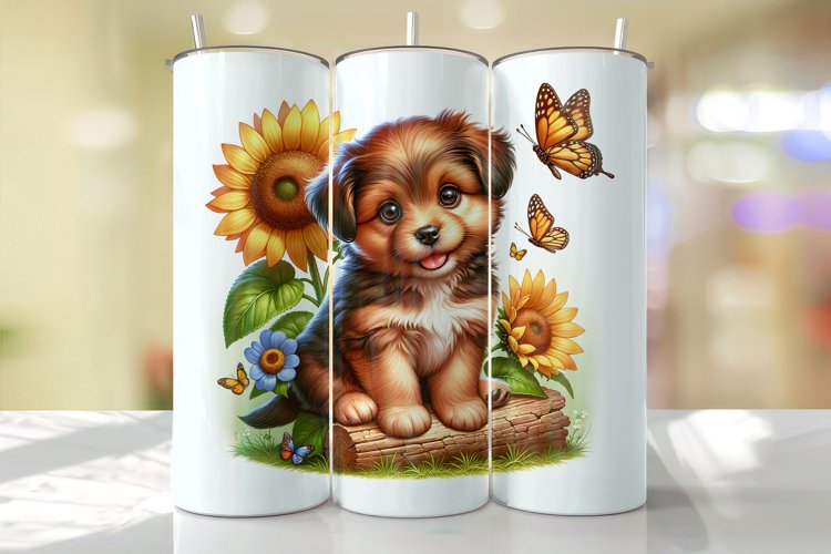 Puppy with Sunflower Tumbler Wrap Sublimation