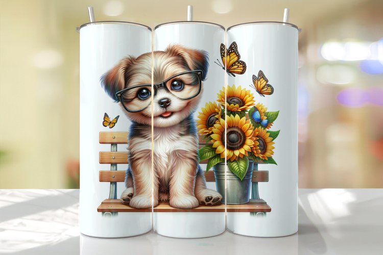 Puppy with Sunflower Tumbler Wrap Sublimation