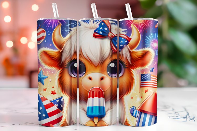 4th of July Highland Cow 20oz Tumbler Wrap Sublimation