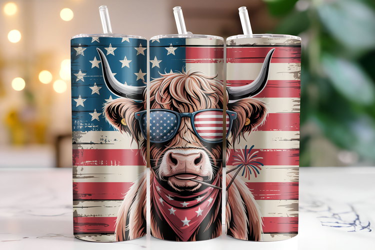 Highland Cow 4th of July Tumbler Wrap | Sublimation