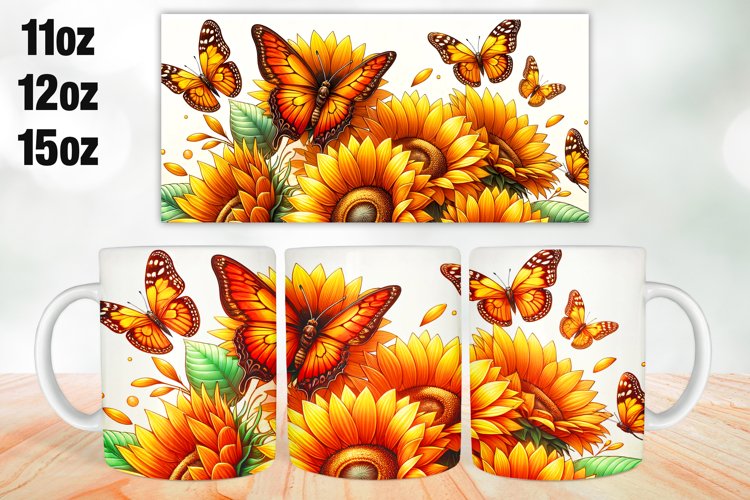 Sunflowers Butterfly Mug Wrap Sublimation 11oz, 12oz, 15oz