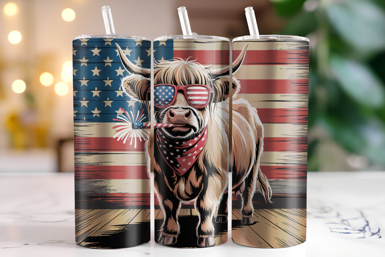 Highland Cow 4th of July Tumbler Wrap | Sublimation