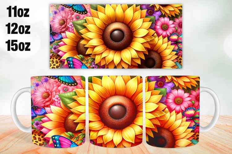 Sunflower Butterfly Mug Wrap Sublimation 11oz, 12oz, 15oz