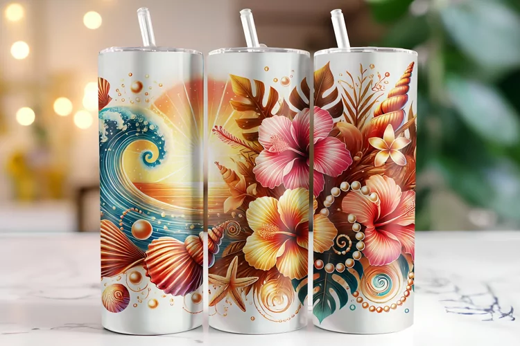 Seashell & Flowers Tumbler Wrap | Sublimation | Tumblers
