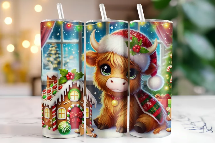 Christmas Highland Cow Tumbler Wrap | Sublimation | Tumblers
