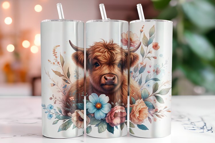 Highland Cow with flowers Tumbler Wrap Sublimation
