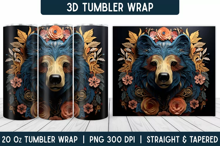 3D Bear Tumbler Wrap | Flower Tumbler | Sublimation Tumbler