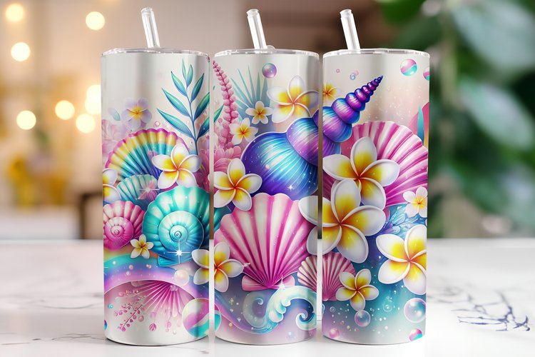 Seashell & Flowers Tumbler Wrap | Sublimation | Tumblers example image 1