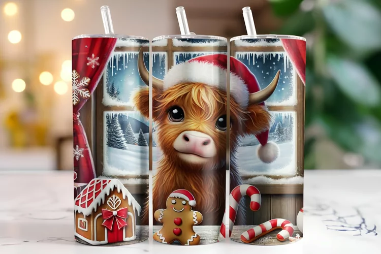 Christmas Highland Cow Tumbler Wrap | Sublimation | Tumblers