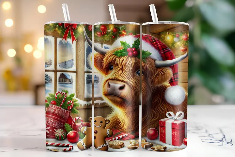 Christmas Highland Cow Tumbler Wrap | Sublimation | Tumblers