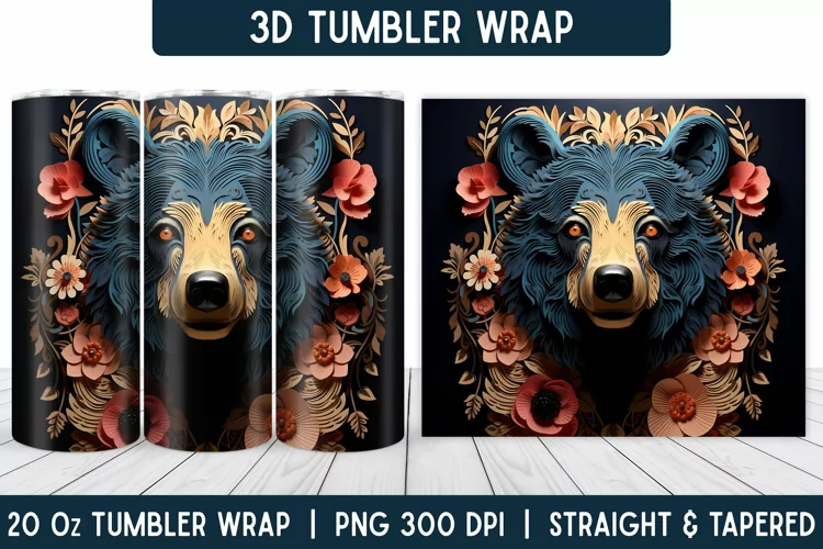 3D Bear Tumbler Wrap | Flower Tumbler | Sublimation Tumbler
