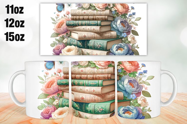 Books Flowers Mug Wrap, Sublimation 11oz, 12oz, 15oz