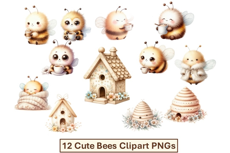 12 cute Bees clipart PNG