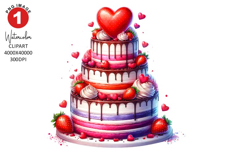Valentines Day Cake Clipart | Watercolor Clipart Sublimation example image 1