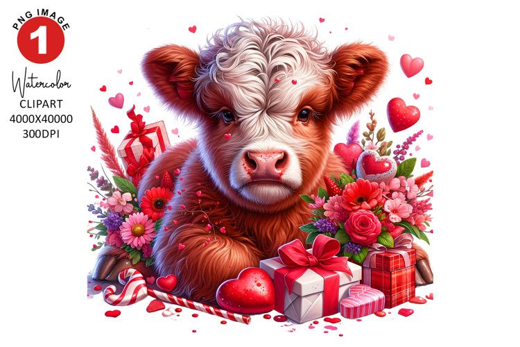 Valentines Day Highland Cow Clipart | Watercolor Sublimation