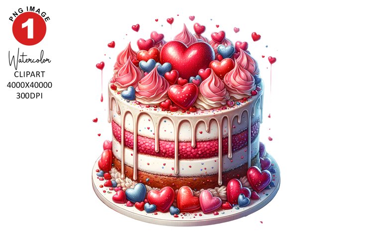 Valentines Day Cake Clipart | Watercolor Clipart Sublimation example image 1
