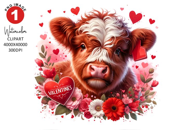 Valentines Day Highland Cow Clipart | Watercolor Sublimation