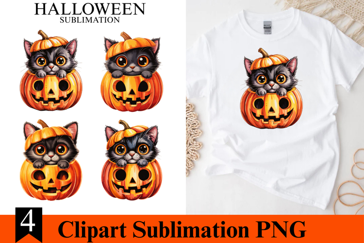 4 Halloween Cat & Pumpkin Clipart PNG | Spooky Season Png