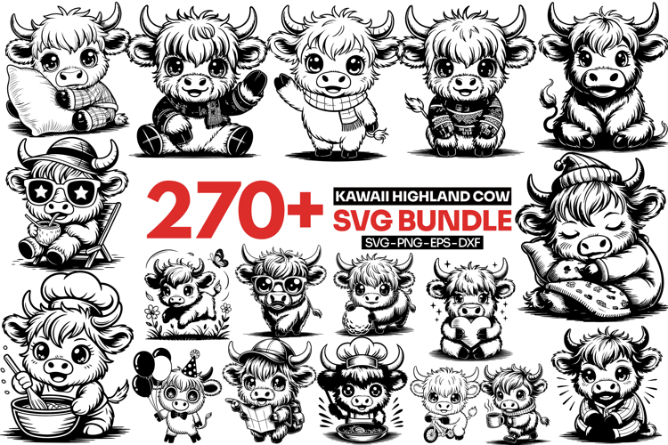 Kawaii Highland Cow SVG Bundle