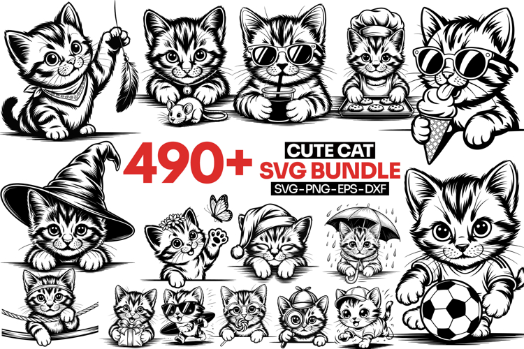 Kawaii Cat SVG Bundle, Kitten Clipart