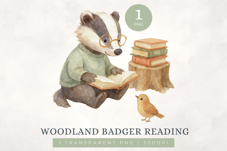 Watercolour Badger Reading Clipart PNG Woodland Animal
