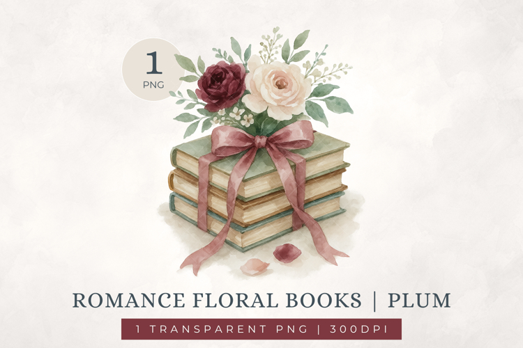 Watercolour Book Stack Floral Clipart PNG Vintage Bookish