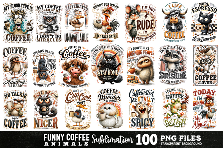 Funny Coffee Animals Sublimation Bundle 100 Designs PNG