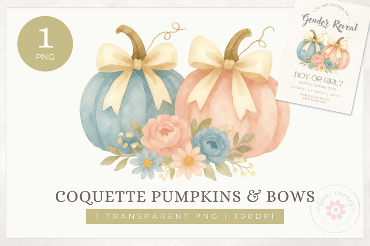 Pink and Blue Pumpkins and Bows Clipart PNG Coquette Fall