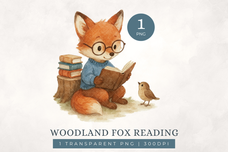Watercolour Fox Reading Clipart PNG Woodland Animal Clip Art
