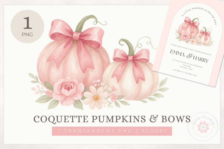 Pink Pumpkins and Bows Clipart PNG Coquette Fall Floral