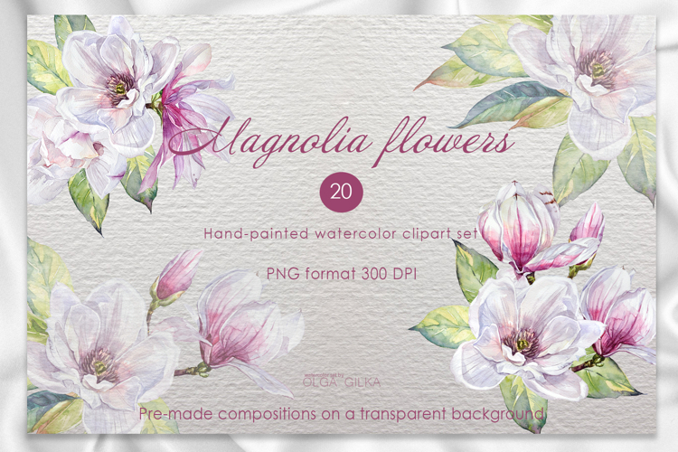 Magnolia flowers watercolor clipart set