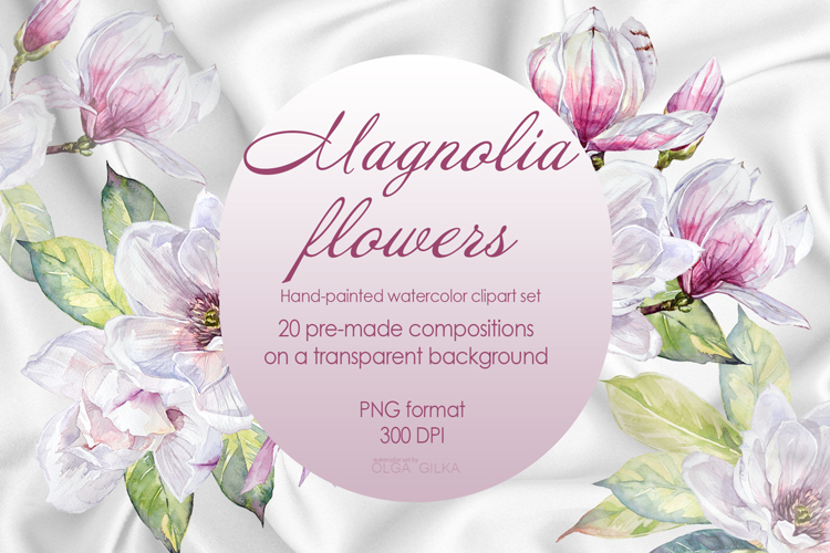 Magnolia flowers watercolor clipart set