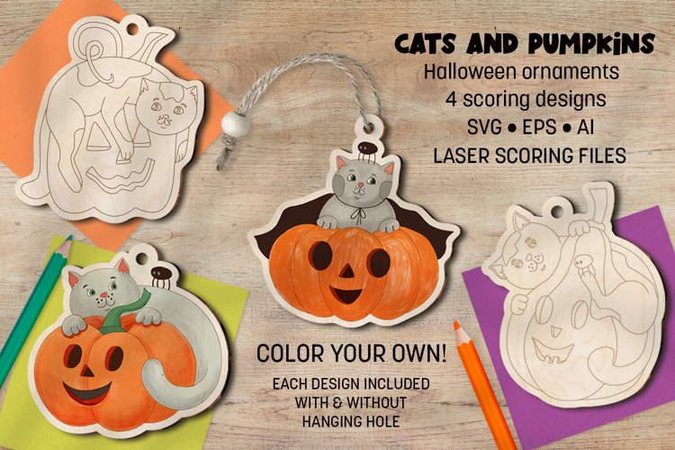 Cats and Pumpkins Halloween Ornaments Laser Scoring