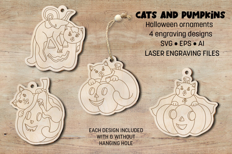 Cats and Pumpkins Halloween Ornaments Laser Engraving example image 1