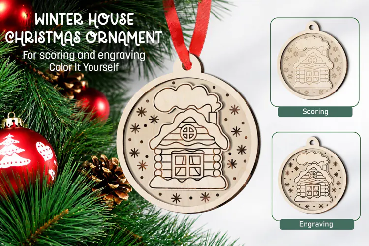 Winter House Christmas Ornament Laser Scoring Engraving