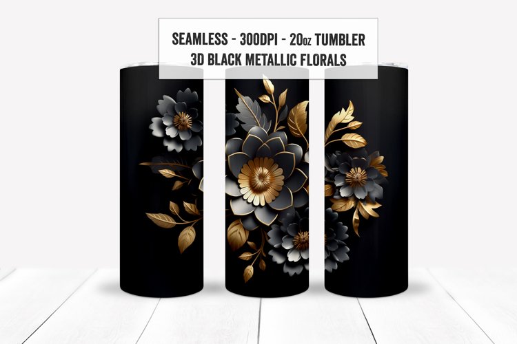 3D Black Metallic Floral Sublimation Seamless Tumbler Wrap