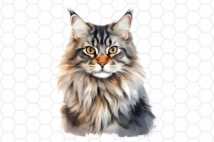 Maine Coon Watercolor Cat Clipart, Cat Sublimation PNG