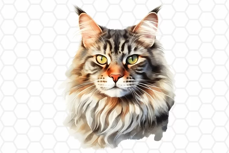 Maine Coon Watercolor Cat Clipart, Cat Sublimation PNG
