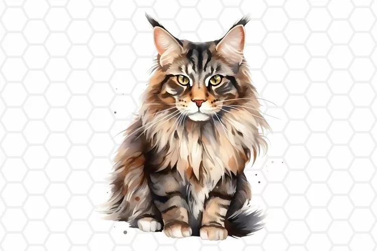 Maine Coon Watercolor Cat Clipart, Cat Sublimation PNG