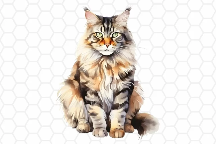 Maine Coon Watercolor Cat Clipart, Cat Sublimation PNG