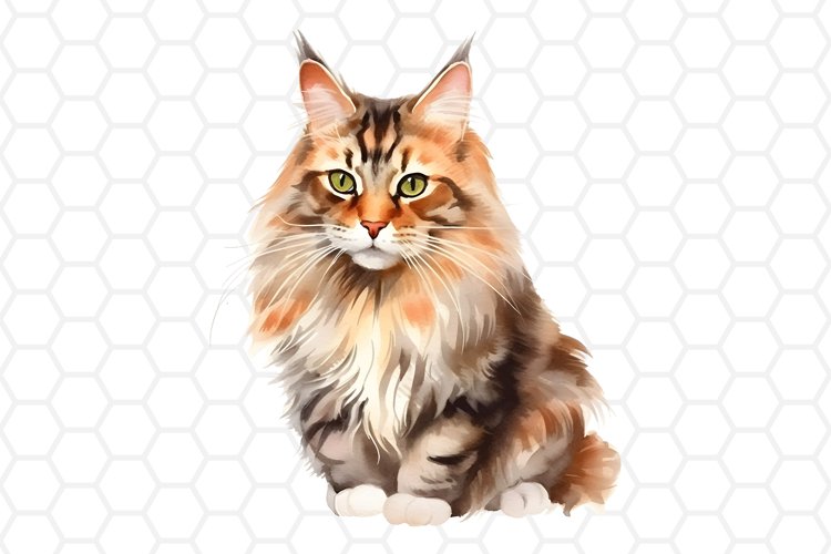 Maine Coon Watercolor Cat Clipart, Cat Sublimation PNG