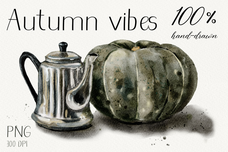 Hand-drawn illustration of teapot and dark green pumpkin