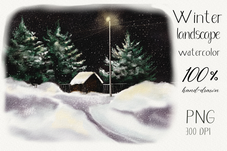 Watercolor winter snowy landscape with lantern trees and hou