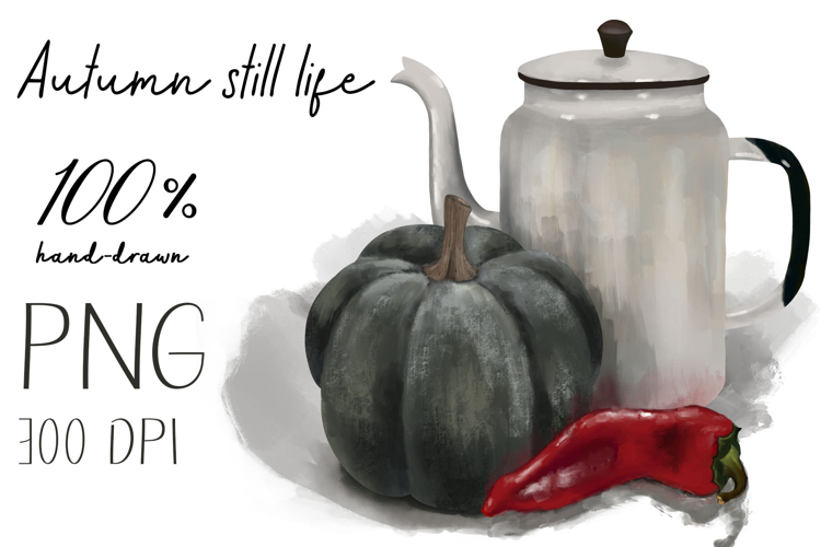 Hand-drawn illustration of teapot with pumpkin and pepper